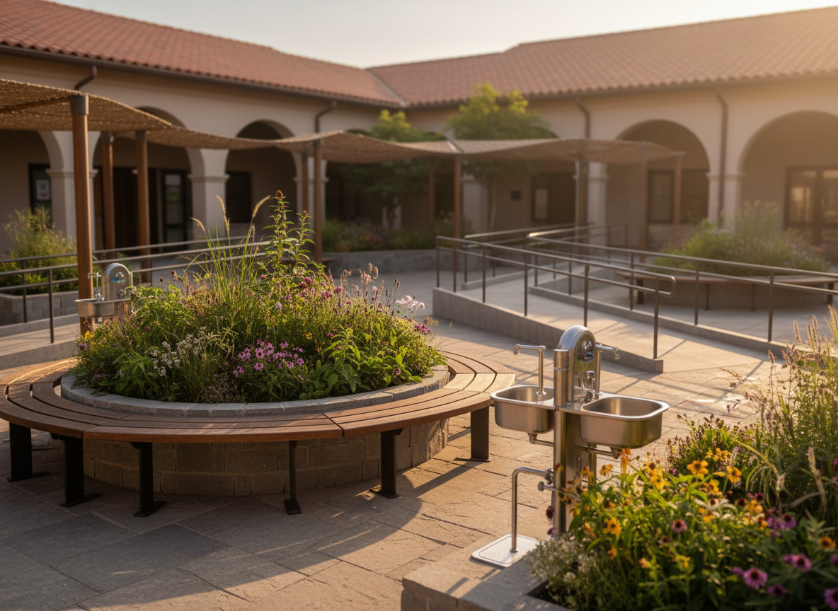 A richly detailed, photographic scene of a community health hub courtyard represented through symbolic objects: sturdy benches, shaded waiting areas, and neatly arranged handwashing stations with metal basins and soap dispensers. A central circular planter overflows with vibrant native plants, surrounded by clear directional markers, ramps, and railings indicating accessibility and inclusion. Warm late-afternoon sunlight streams in at an angle, casting elongated, gentle shadows and highlighting the varied textures of stone, wood, and greenery. Shot at eye level with moderate depth of field, the foreground elements are crisp while outer buildings softly blur. The mood is welcoming and dignified, emphasizing equitable, community-centered health spaces and everyday resilience without showing any people or signage.