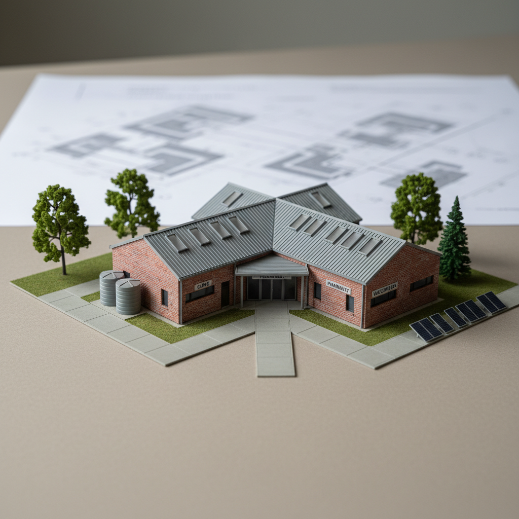 A highly detailed, photographic close-up of a modern rural health facility model, constructed as a realistic miniature with textured brick walls, a metal roof, and clearly marked pathways leading to separate clinic, pharmacy, and vaccination areas. Surrounding the building are tiny model trees, water tanks, and solar panels suggesting sustainable infrastructure. The setting is a neutral studio tabletop with a softly blurred blueprint of a larger regional health system in the background. Controlled soft studio lighting from the upper left creates gentle shadows that emphasize depth and structure. Captured at eye level with shallow depth of field, the image feels precise, professional, and forward-looking, symbolizing investment in physical health infrastructure and access without depicting any people.