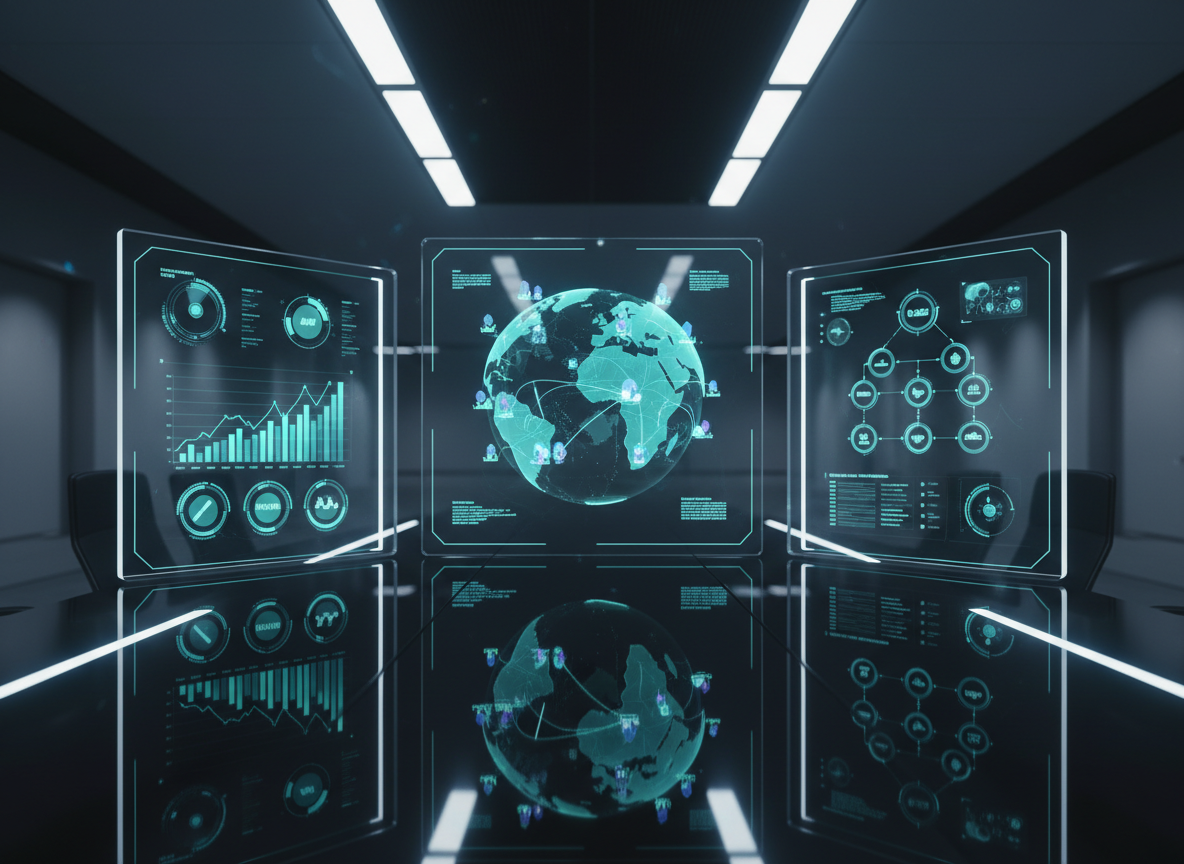 A photographic, wide-angle view of a sleek operations command table displaying a network of interconnected health system data on multiple glowing transparent screens. The central translucent panel shows a stylized globe with illuminated pathways connecting regional health facilities, warehouses, and laboratories, depicted as small, abstract 3D structures. Additional panels show graphs, logistics flows, and surveillance indicators, all as purely graphical shapes with no text. Cool, focused LED lighting creates reflections on the glossy table surface, while the background remains softly out of focus. The composition uses the rule of thirds, with the main screen slightly off-center. The atmosphere is analytical, calm, and efficient, illustrating coordinated, data-driven investment in global health resilience without any human presence.