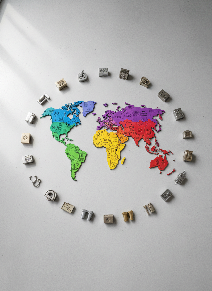 A detailed overhead photographic view of a world map made from colorful, interlocking geometric tiles, each tile representing a region’s health system infrastructure such as clinics, laboratories, and supply hubs. Around the map, small, precisely arranged icons of medical equipment, solar-powered cold chain boxes, water purification units, and digital tablets suggest investments in resilient systems. Soft, diffused daylight from an unseen window creates gentle highlights on the matte surfaces and subtle shadows between tiles. The composition is clean and modern, with sharp focus across the frame and ample negative space around the map. The mood is professional yet optimistic, conveying global connection, equity, and coordinated health strengthening without any human figures or text.